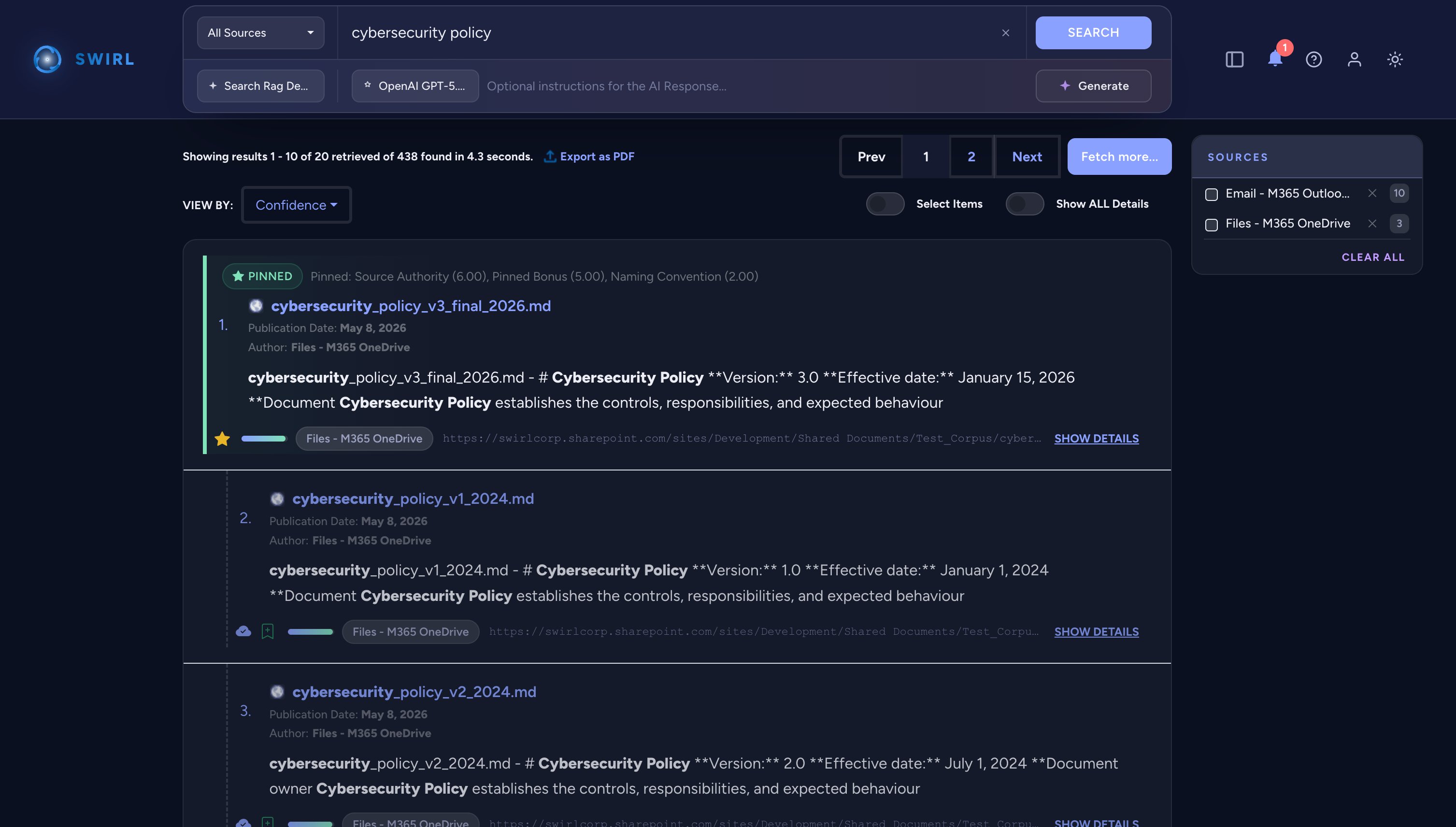 SWIRL 5 showing three versions of a cybersecurity policy with v3 final pinned as canonical