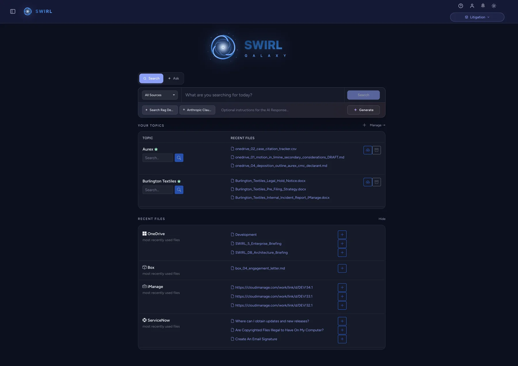 SWIRL 5 litigation dashboard with matter workspaces and recent files from OneDrive, Box, iManage and ServiceNow