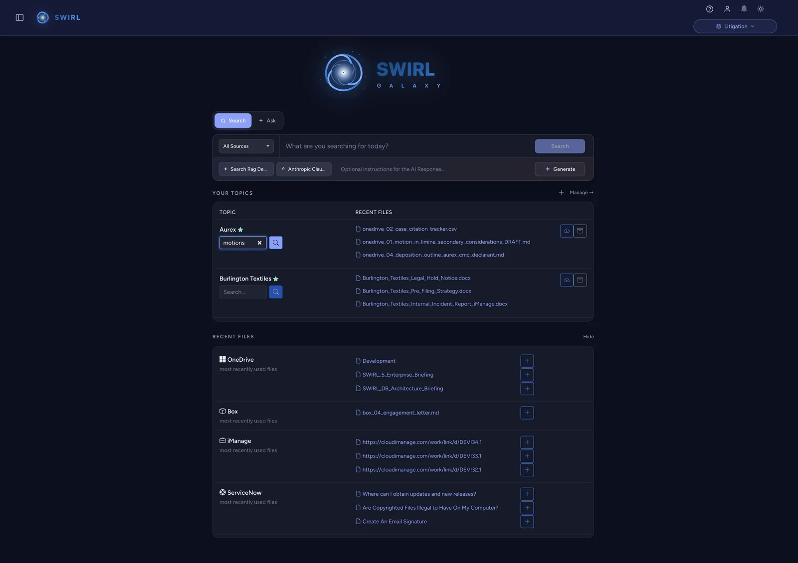 SWIRL 5 home dashboard showing matter-scoped workspaces with topics, and recent files grouped by source: OneDrive, Box, iManage and ServiceNow.